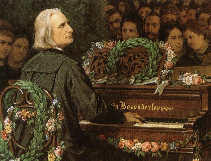 george bernard shaw franz liszt playing a piano built by ludwig bose. oil painting image
